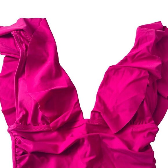 J Crew Radiant Fuchsia Ruffle V-Neck Ruched One Piece Swimsuit Sz 20 NWT - Picture 6 of 16